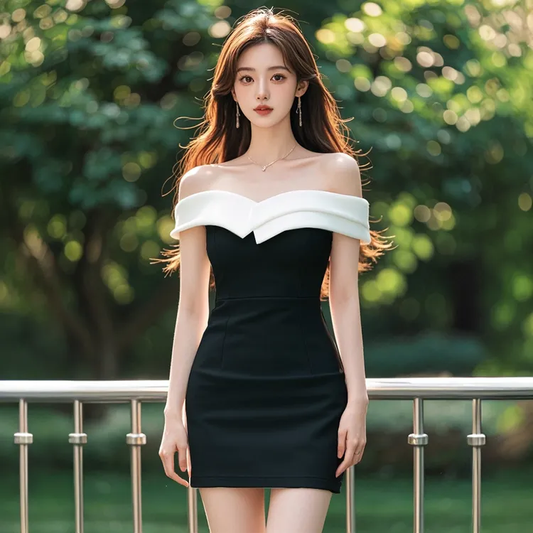 2025新款夏季拼接撞色一字肩短袖连衣裙气质优雅纯欲风辣妹包臀裙