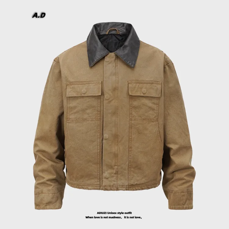 ADIUZI美式高街巴恩风工装夹棉皮领夹克男女秋冬休闲棉衣外套短款