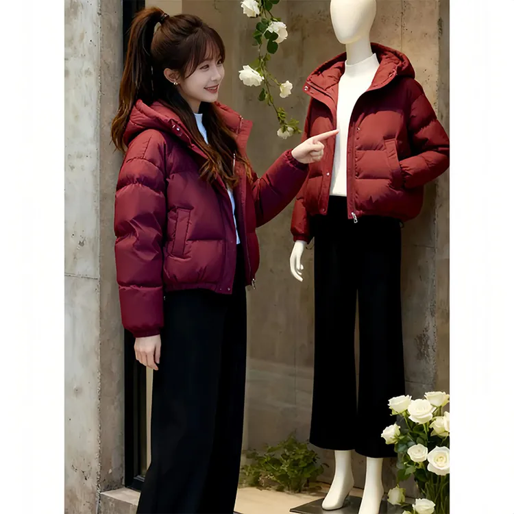 韩版洋气加厚连帽棉服女小个子秋冬新款面包棉衣本命红色保暖棉袄