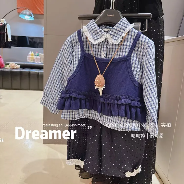 女童洋气韩版吊带格子时髦衬衫两件套2025秋季新款AQB028鱼