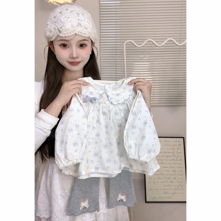 娃娃领女春秋衬衫薄款长袖碎花透气秋季卡通动漫两件套印花秋季衬
