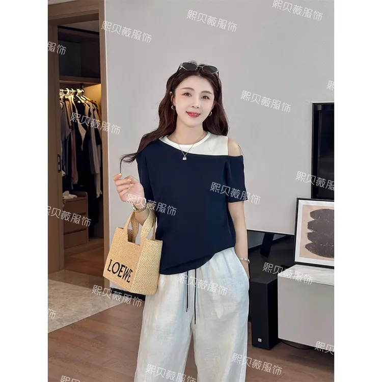 熙贝薇2 欧货露肩条纹针织夏季新款修身显瘦短袖T恤 G5029
