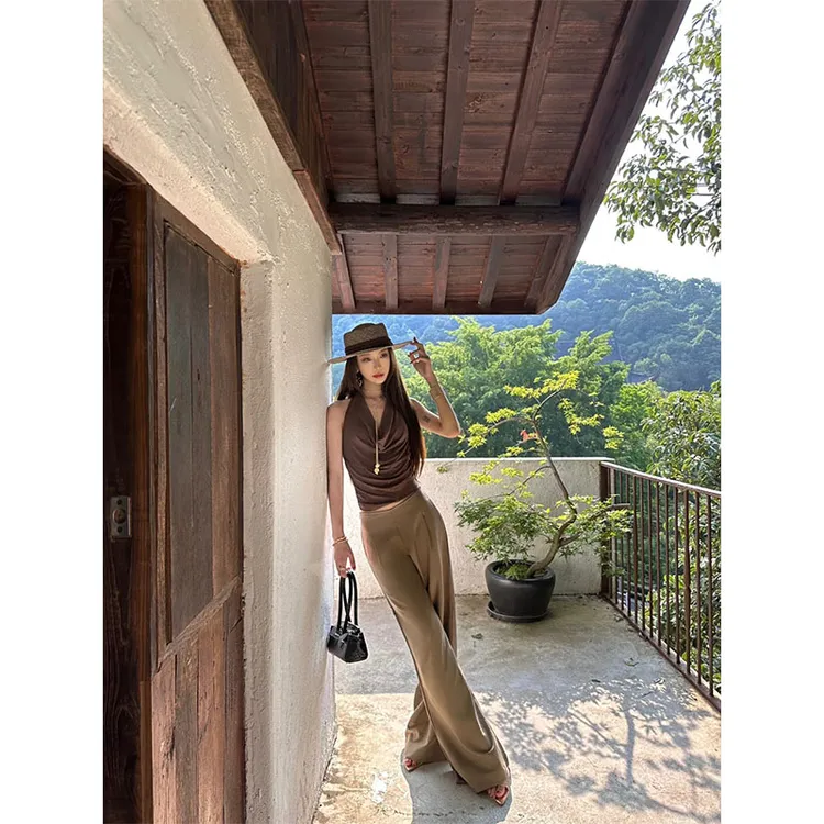 夏季2025简约风修身显瘦无袖挂脖上衣休闲宽松百搭时尚直筒长裤女