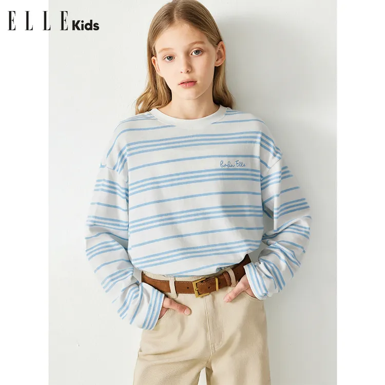 ELLE KIDS法式度假春季女童松弛感宽松条纹T恤C1