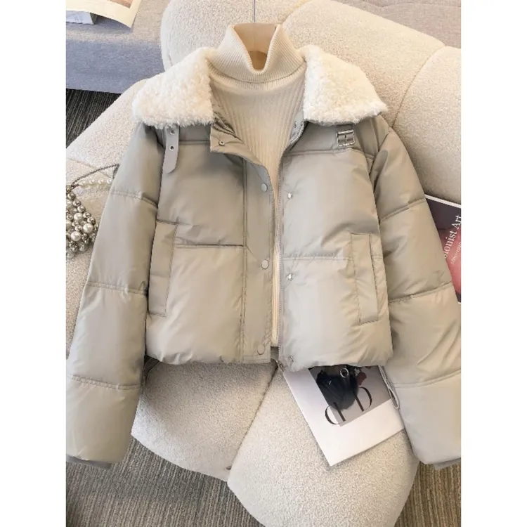 羊羔毛领服女冬季2025新款大码胖mm短款面包mm冬季大码棉衣