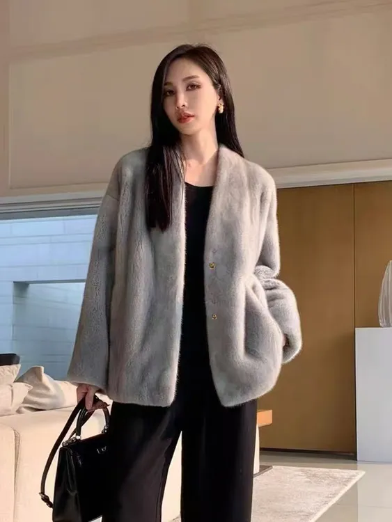 米兰貂绒短款秋冬时尚百搭外套环保貂毛复合皮毛一体冬装