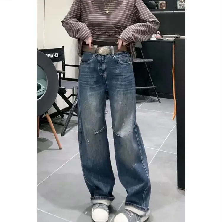 艾塔莉设计感百搭蓝色牛仔裤秋季新款梨形身材显瘦小众弯刀阔腿裤