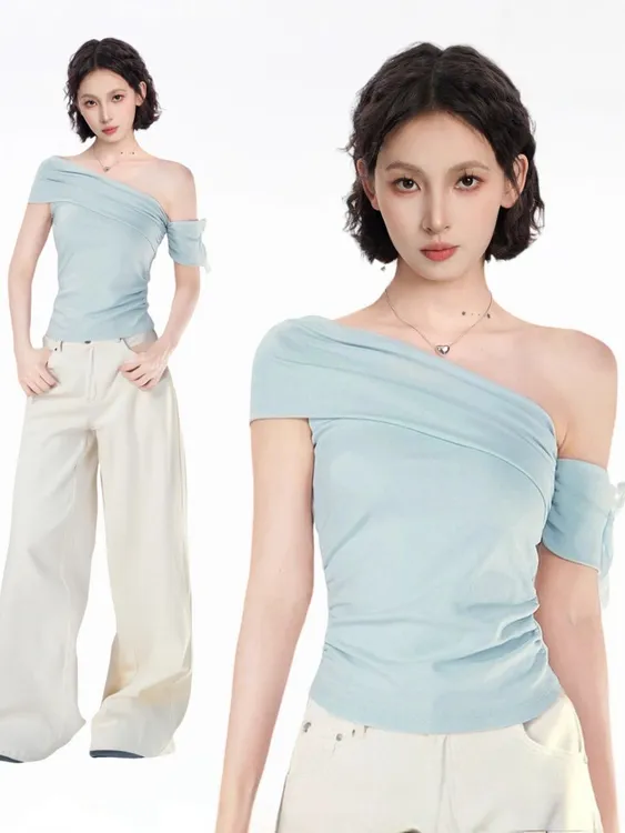 春夏气质甜酷设计感斜肩绑带褶皱收腰显瘦短袖T恤