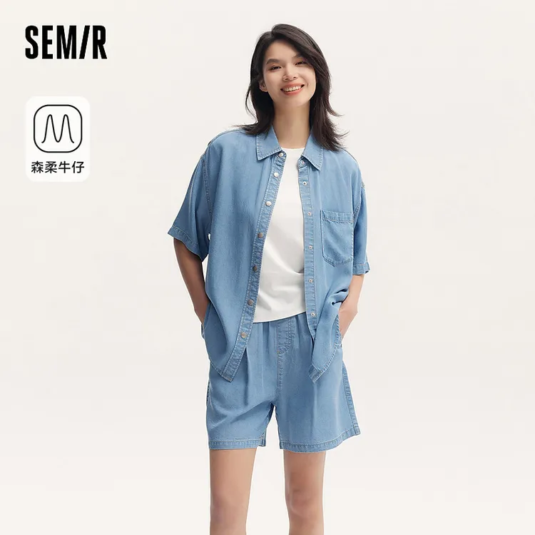 【森柔牛仔】森马牛仔衬衫女中长款落肩宽松夏季新款短袖衬衣通勤