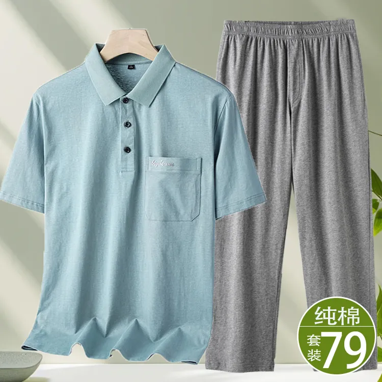 中年男士短袖纯棉套装爸爸夏装POLO衫老年人爷爷夏天短袖长裤衣服