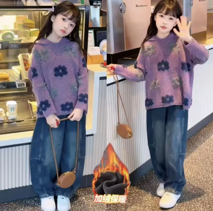 女童新款韩系休闲毛衣初中生女孩洋气加绒时尚套头毛衣牛仔裤套装
