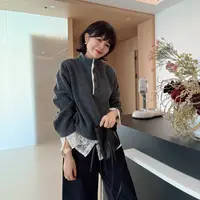 韩版蕾丝拼接下摆半高领宽松显瘦套头洋气假两件卫衣上衣