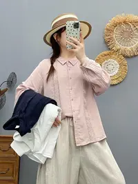 2025秋季新款蕾丝花边棉纱长袖衬衫女休闲百搭上衣86281