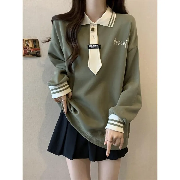 美式学院风卫衣女春秋应季打底衫胖妹妹显瘦遮肚子正肩Polo领上衣