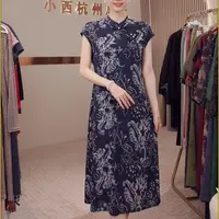 【黄小西】8082-2313#新款冰羽丝弹力缎飞飞袖新中式旗袍连衣裙