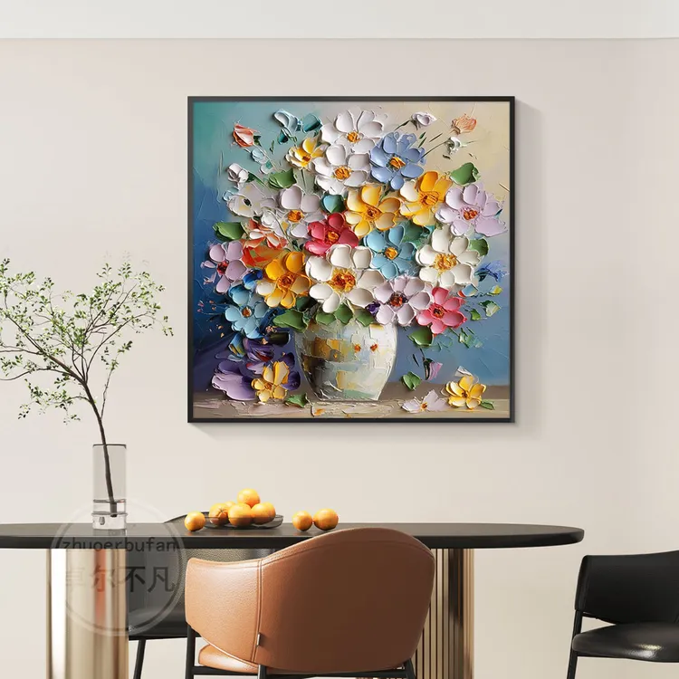 手绘油画美式餐厅挂画轻奢法式玄关装饰画现代风客厅肌理花卉壁画