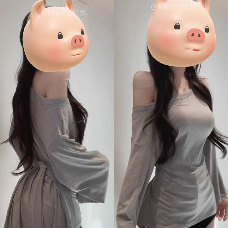 【何秘书】慵懒风宽松露肩长袖T恤女2025夏季腰部绑带设计感上衣服