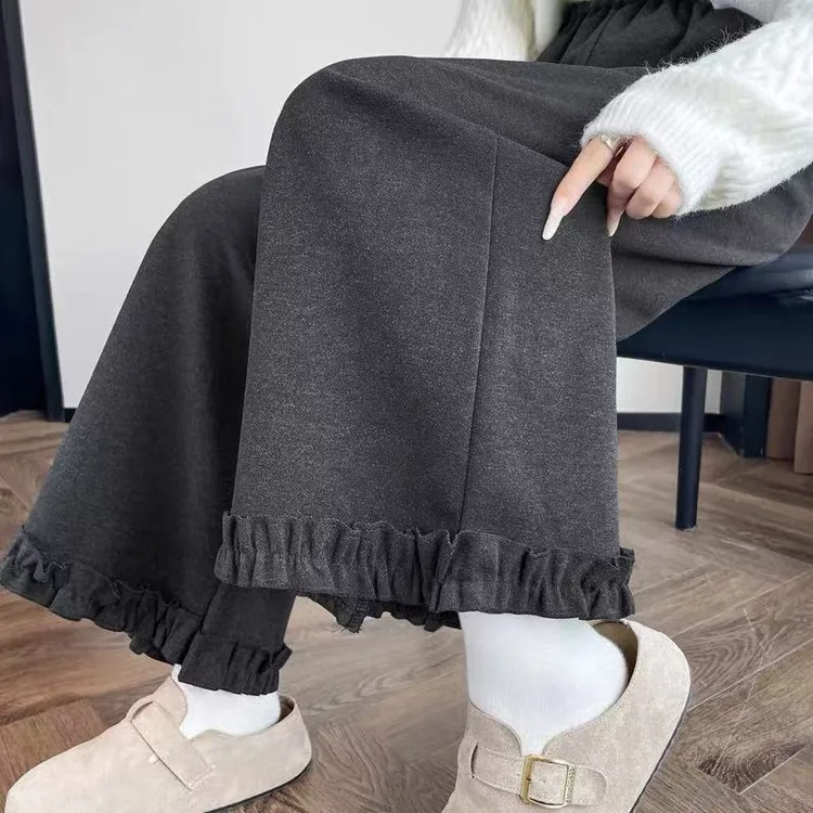 网红爆款花边裤脚加绒加厚高腰直筒阔腿裤冬季新款