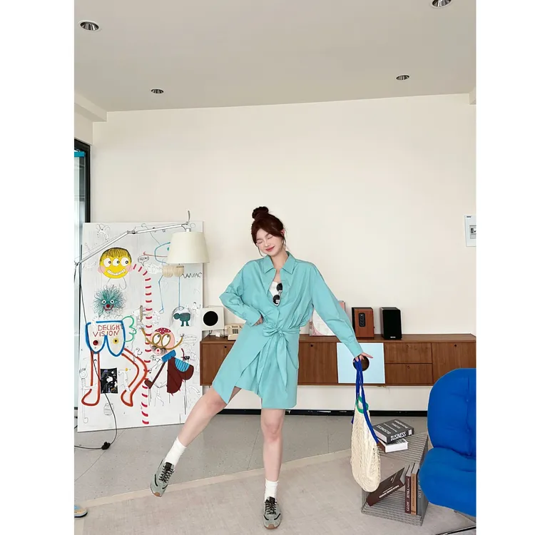 晶咕【快速出门】法式单排扣polo领腰部绑带欧若风收腰衬衫