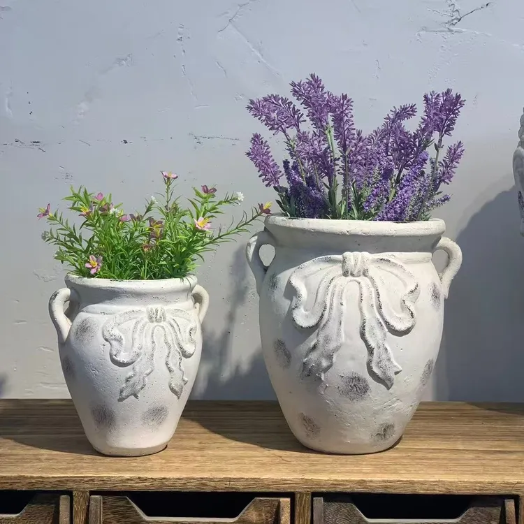 清幽晓院仿手工粗红陶土花盆双耳浮雕蝴蝶结罐子复古水泥透气创意