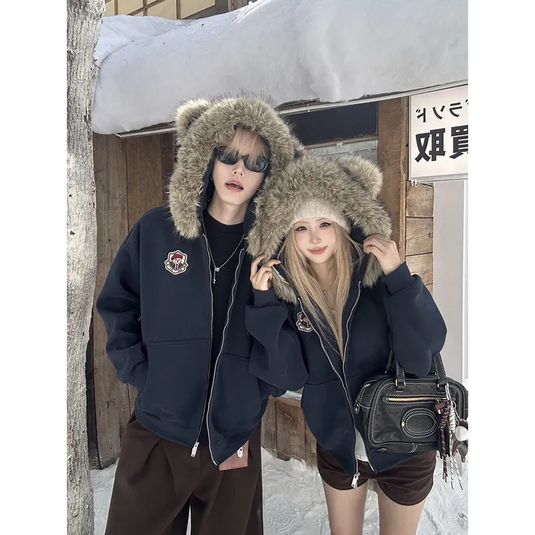 美式高街藏青色毛领卡通刺绣连帽卫衣女秋冬加绒宽松开衫外套上衣