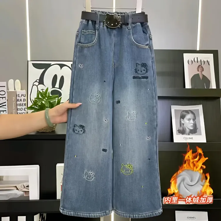 【加绒】女童刺绣加绒牛仔裤2025冬季新款中大童百搭儿童直筒裤子