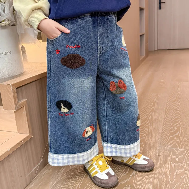 女童卡通牛仔裤儿童秋季韩版直筒裤子宝宝春秋装洋气小女孩阔腿裤