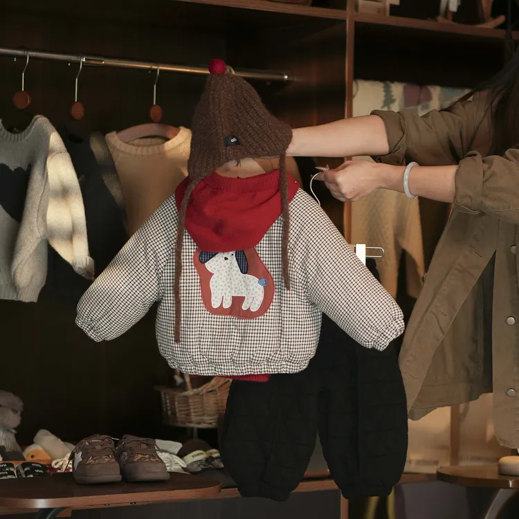 【俩只橙】《冬》陈皮糖~韩代格子贴布棉服+加厚红毛衣+夹棉加绒裤