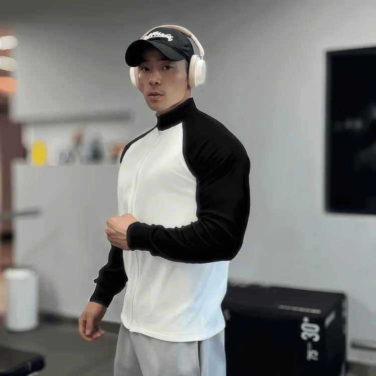 健身长袖T恤男春秋半拉链德绒保暖外套拼色户外骑行训练服运动衣