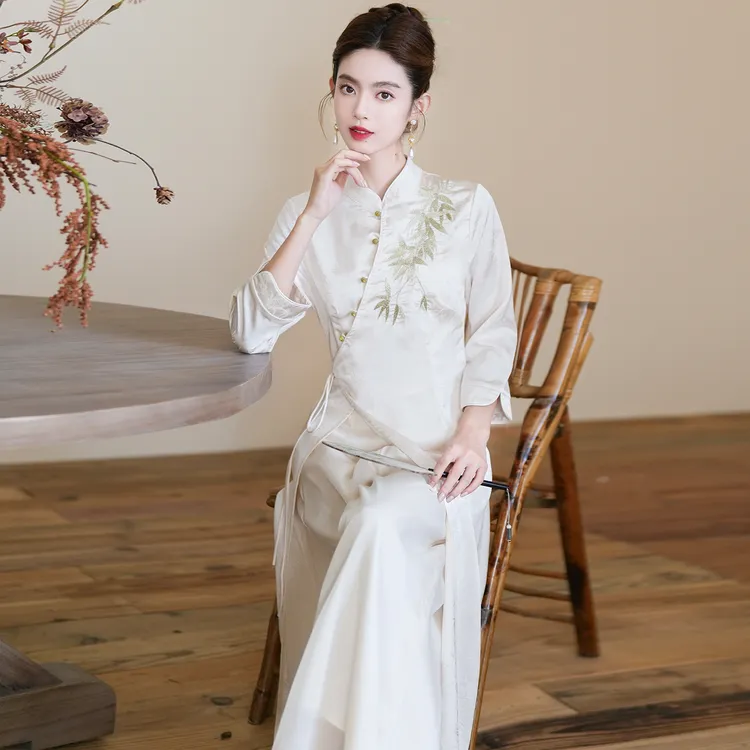 春秋原创设计新中式国风女装刺绣立领七分袖改良女禅意茶服套装