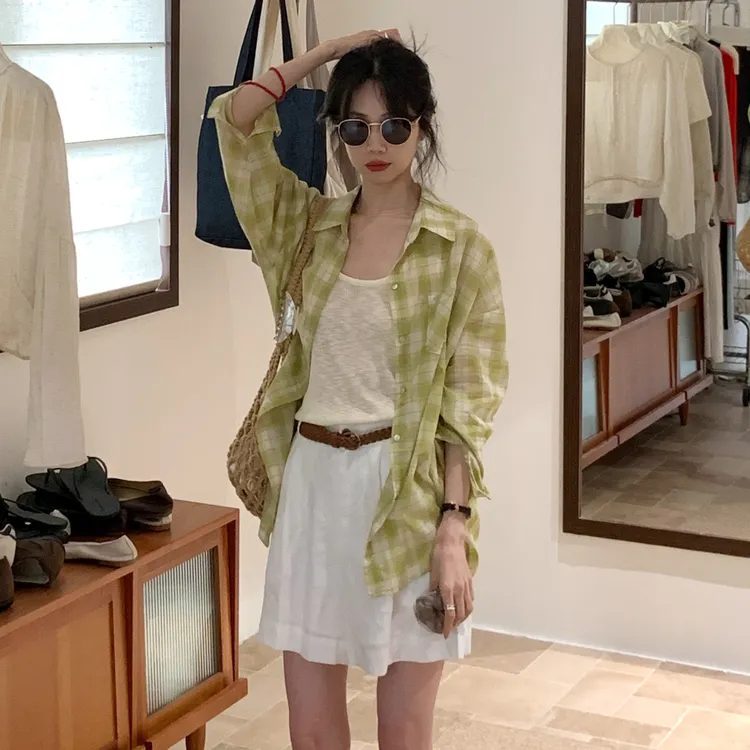 韩系果绿色格纹衬衫背心女2025夏新防晒翻领慵懒宽松上衣