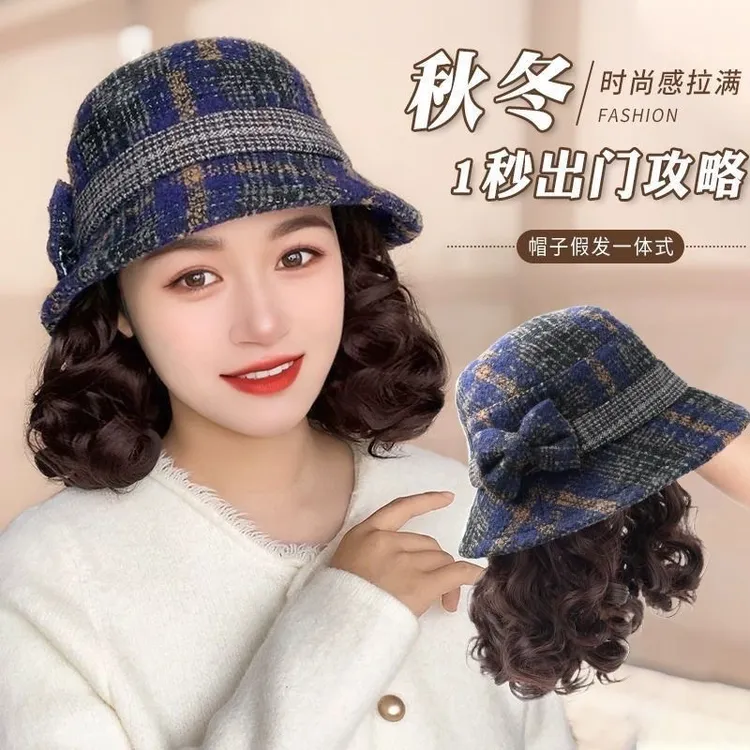 秋冬爆款保暖渔夫妈妈帽子假发一体减龄遮白发逼真自然假发帽子