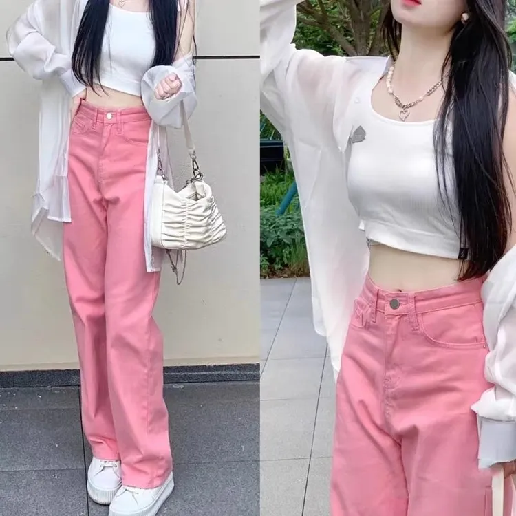 粉色小个子牛仔裤新款阔腿垂感直筒拖地裤2025秋季新款显高显瘦潮