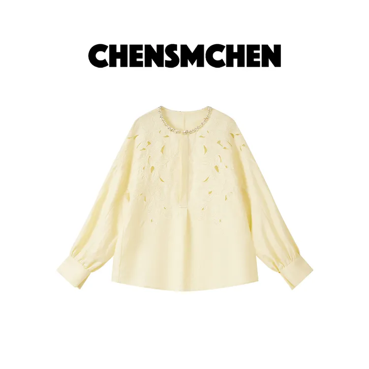 CHENSMCHEN100亚麻镂空钉珠长袖衬衫女夏季休闲百搭衬衣CSC5561TT