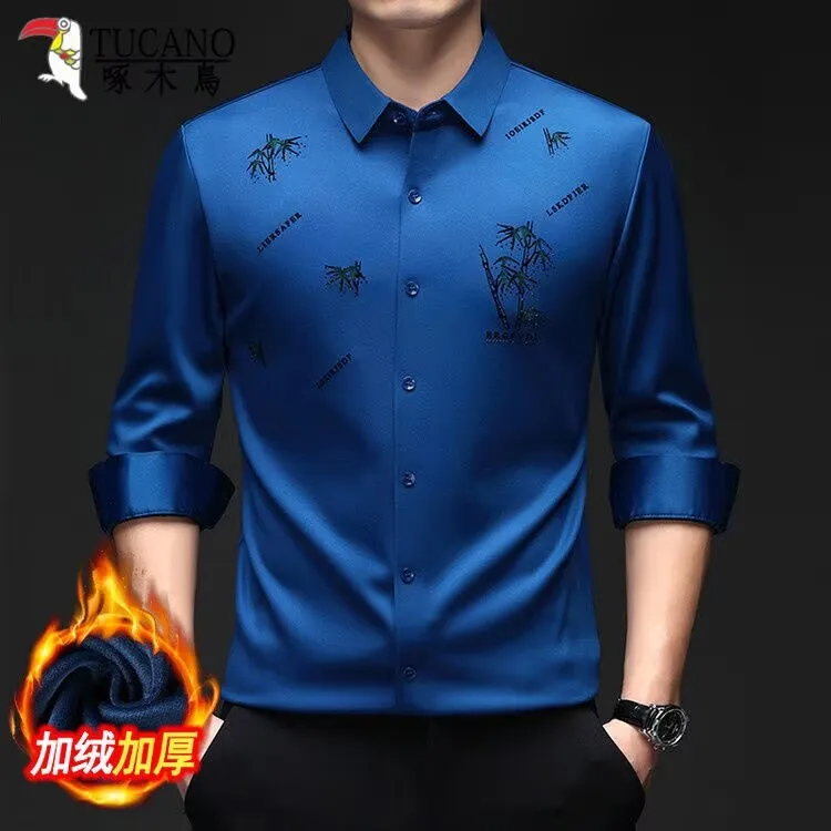 啄木鸟高档植绒加绒衬衫男士冬季新款无痕商务休闲加厚保暖衬衣男