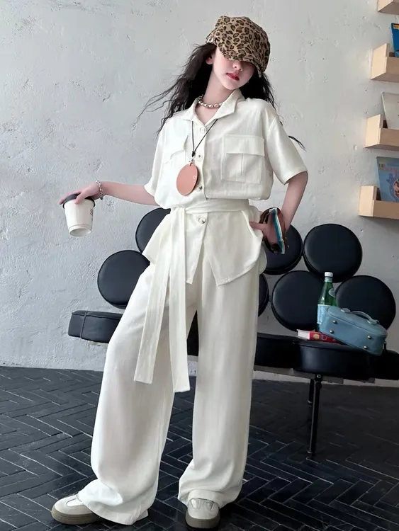 女童阔腿裤套装夏季洋气短袖上衣棉麻外套显瘦绑带韩版长裤两件套