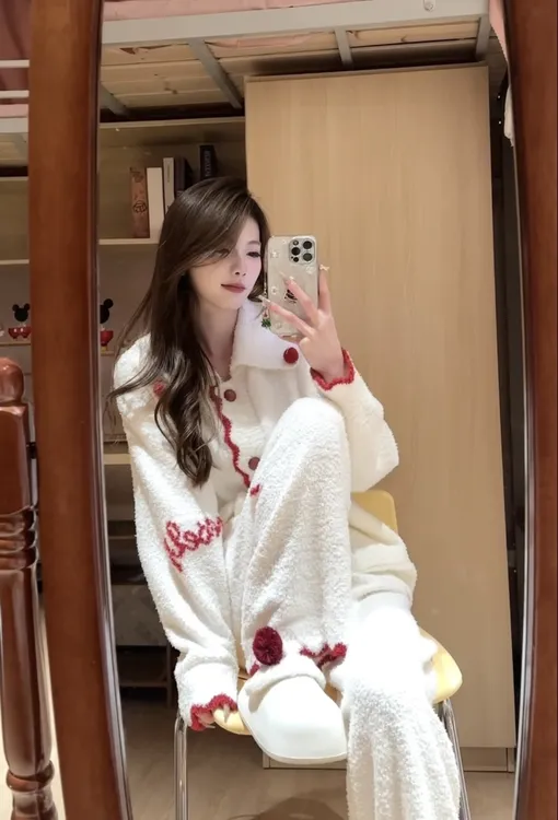 【VNS】-甜美软糯秋冬季新款加厚保暖甜美撞色半边绒家居服女#6C091