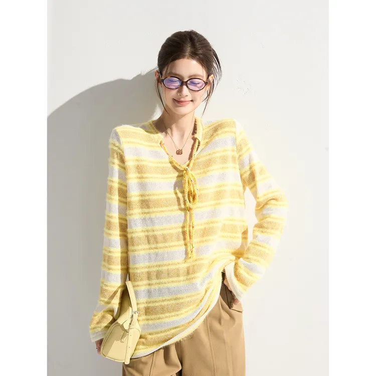 谢不肉 黄白条纹系带正肩针织衫女秋季套头宽松显瘦上衣50783