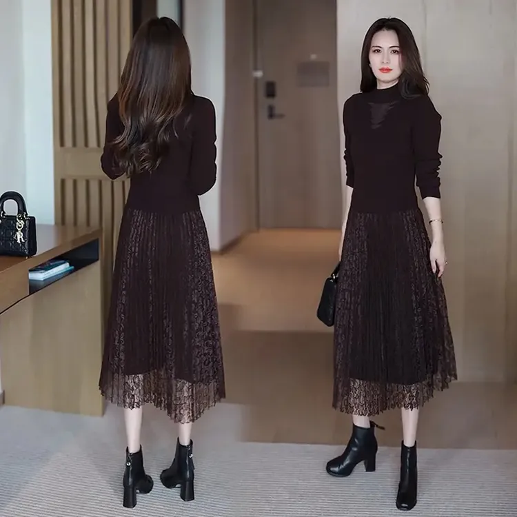 蕾丝拼接针织过膝连衣裙女秋冬新款气质显瘦配大衣修身打底中长裙