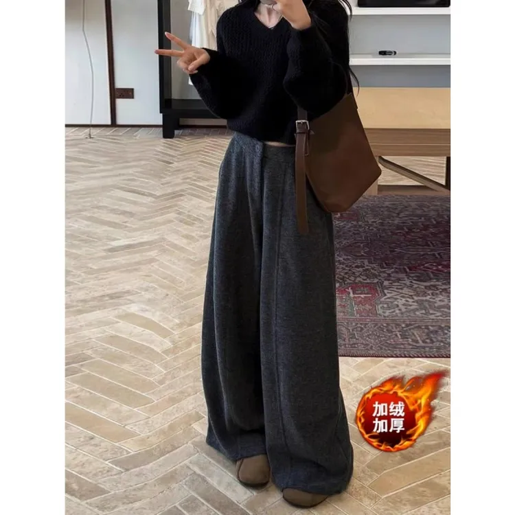 灰色加绒裤子女秋冬季2025新款爆款加厚直筒休闲百搭弯刀阔腿长裤