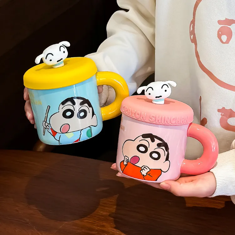 蜡笔小新大手把马克杯彩盒装户外硅胶盖陶瓷杯卡通杯新品