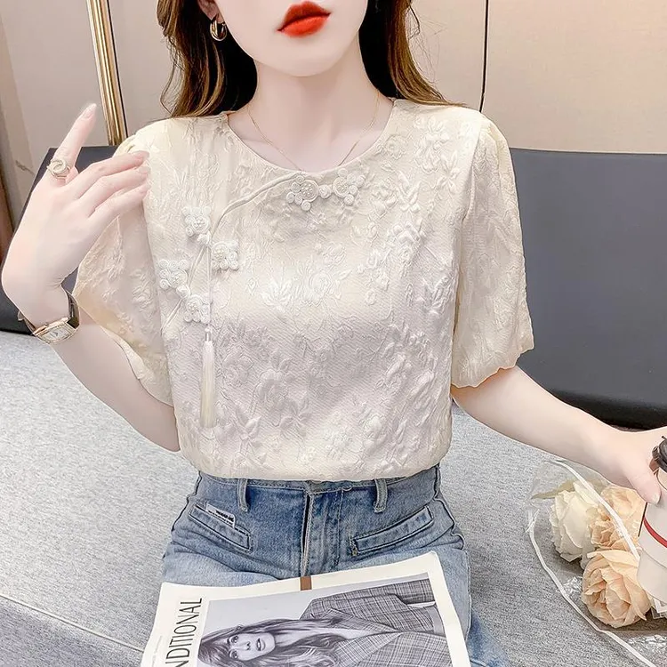 法乐琪短袖t恤女士2025年显瘦雪纺衫洋气减龄新中式盘扣上衣时尚