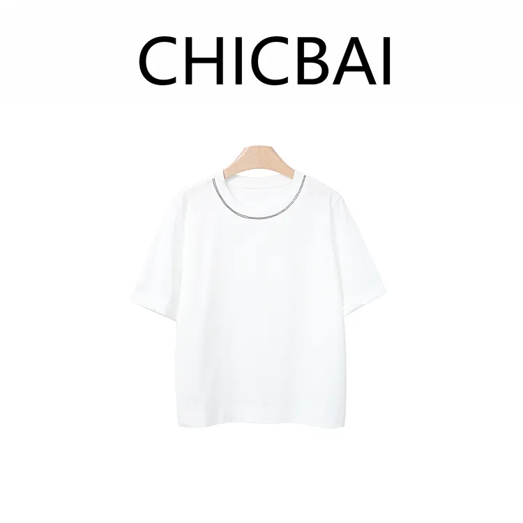 CHICBAI 落了白柔软棉混纺绣珠极简T恤