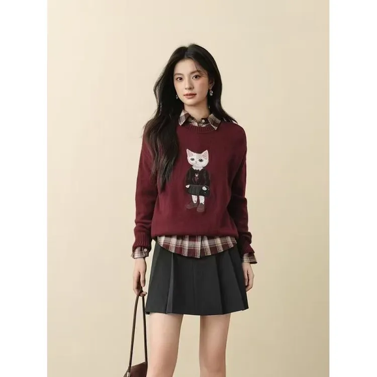 艾家商场同款2025秋冬新款猫咪圆领针织衫百搭显白毛衣女2531