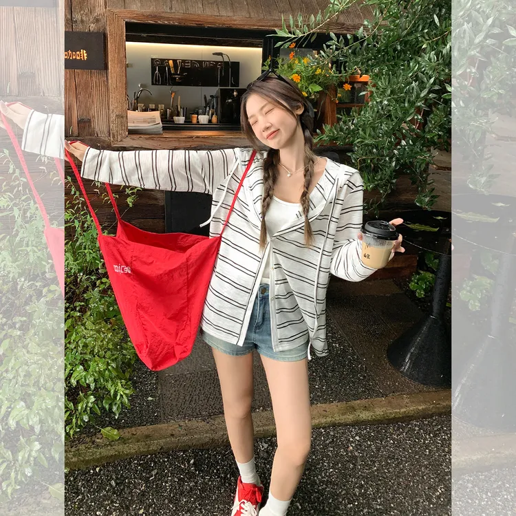 连帽条纹开衫单排扣秋季韩系慵懒风修身显瘦百搭休闲上衣