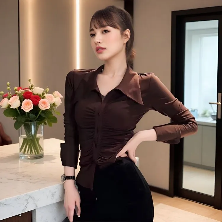 韩版网红长袖衬衫女春季新款时尚百搭设计感褶皱修身显瘦打底上衣