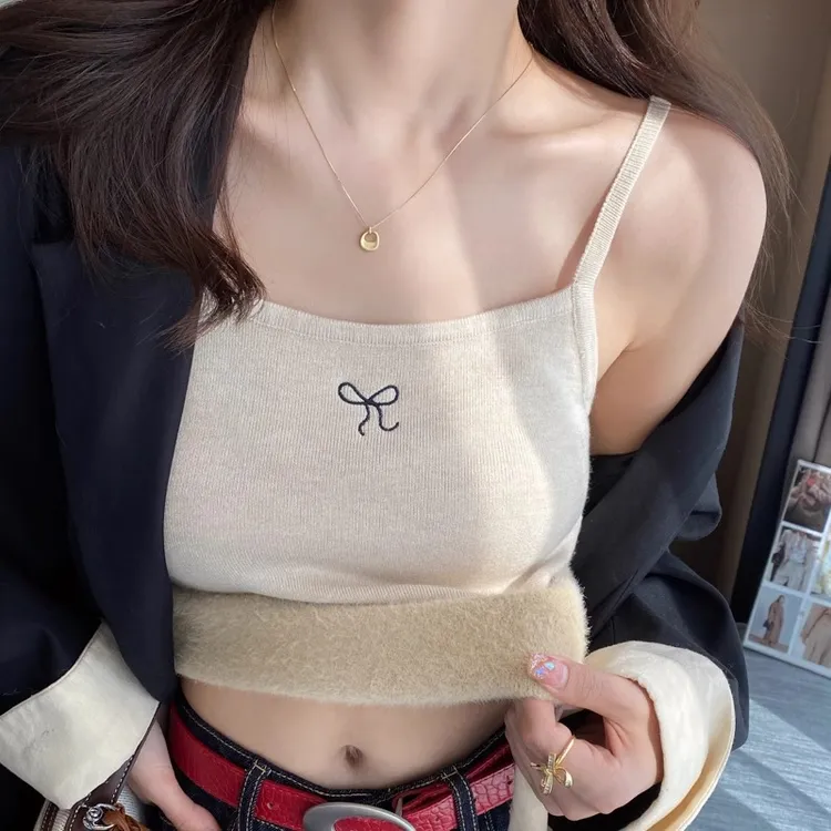 加绒加厚毛绒吊带背心女2025秋冬季新款内衣内搭打底针织保暖上衣
