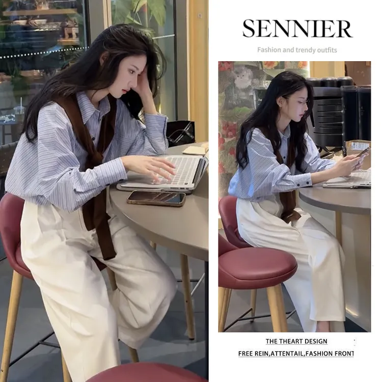 今年流行穿搭女2025新款小众洋气条纹衬衫搭配披肩休闲裤三件套装