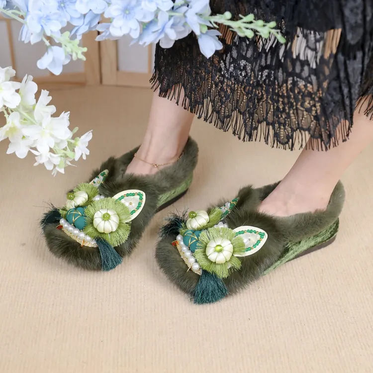 棉鞋【墨玉生烟】手工虎头鞋女成人中式墨绿色正宗老北京布鞋绣花冬