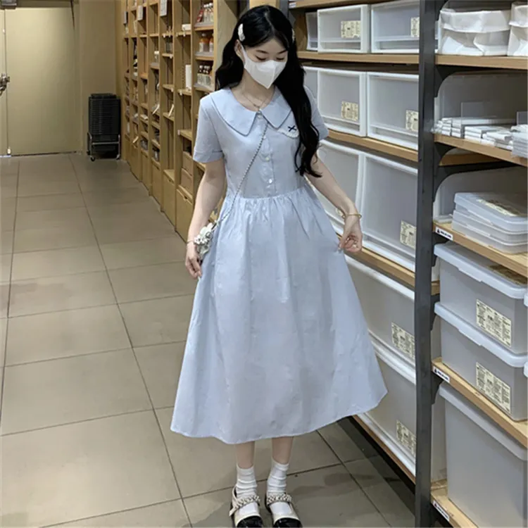 甜美学院风翻领小个子连衣裙长款小清新休闲气质学生衬衫裙法式